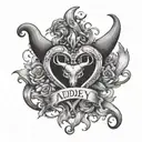 Heart with Devils horn and tail with the name of Audrey. tattoo design idea