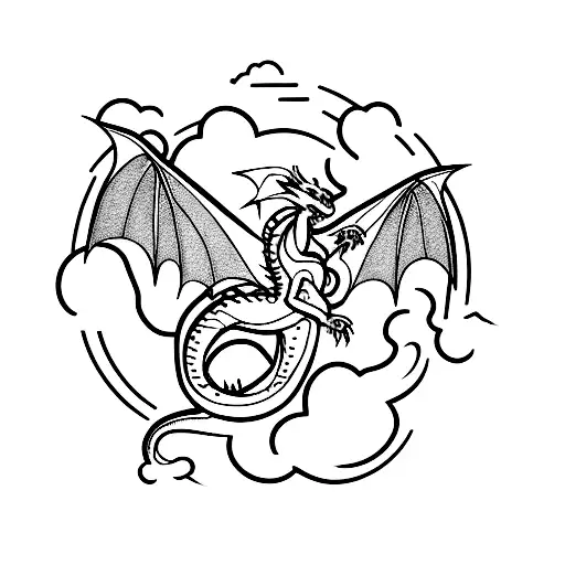 A dragon soaring through the sky, surrounded by clouds and flowers tattoo design idea