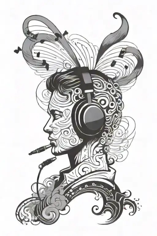 A tattoo design featuring a silhouette of a student studying with headphones on, surrounded by smoke and music notes tattoo design idea