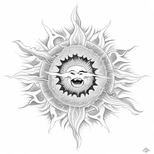 A majestic sun setting over a calm sea, with a vibrant rainbow stretching across the horizon, representing the client's love for the ocean, travel, and the beauty of nature. tattoo design idea