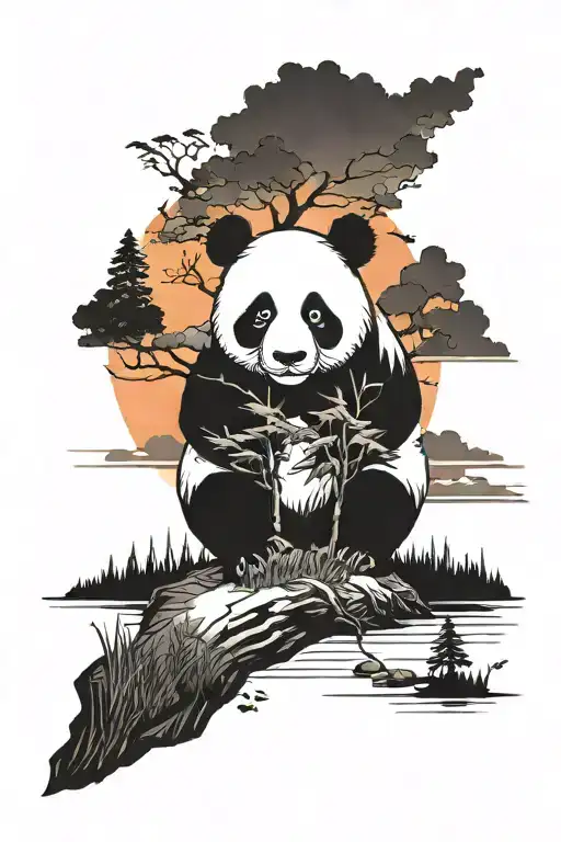 panda bear with trees colors sunset over lake tattoo design idea