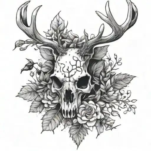 Deer skull surrounded by plants and bees tattoo design idea
