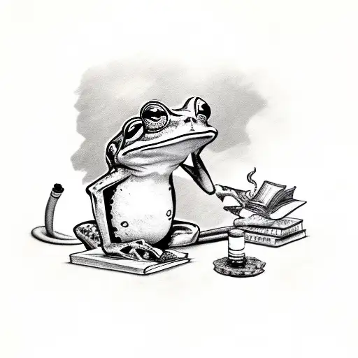 frog sitting on toadstool reading a book and smoking a pipe tattoo design idea