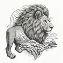 Design a tattoo of a lion and a mountain range, symbolizing strength and perseverance in the face of challenges, with intricate dotwork details highlighting the lion's mane and the rugged terrain tattoo design idea