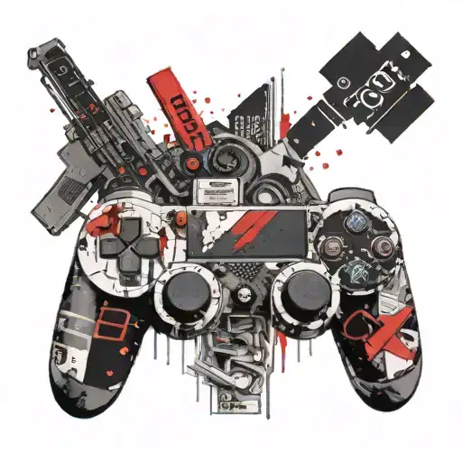 stack of books video game controller tattoo design idea