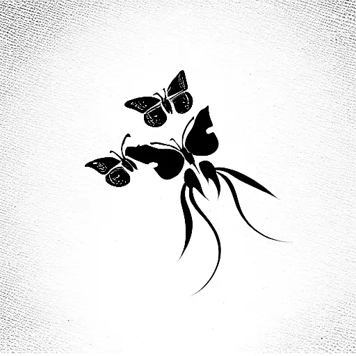 long vertical tattoo flash design of a group of 5 butterflies flying, in black and white ink tattoo style tattoo design idea