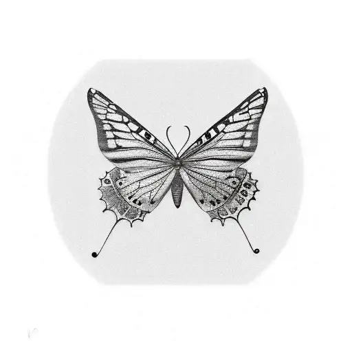 long vertical tattoo flash design of a group of 5 butterflies flying, in black and white ink tattoo style tattoo design idea