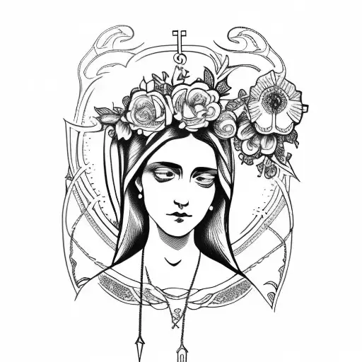long vertical tattoo flash design of Saint Maria with flowers in her hair, gothic style, pretty face tattoo design idea
