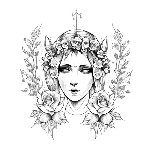 long vertical tattoo flash design of Saint Maria with flowers in her hair, gothic style tattoo design idea