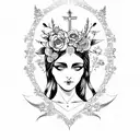 long vertical tattoo flash design of Saint Maria with flowers in her hair, gothic style, pretty face tattoo design idea