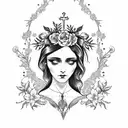 long vertical tattoo flash design of Saint Maria with flowers in her hair, gothic style, pretty face tattoo design idea