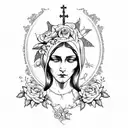 long vertical tattoo flash design of Saint Maria with flowers in her hair, gothic style, pretty face tattoo design idea