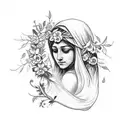 long vertical tattoo flash design of Saint Maria with flowers in her hair tattoo design idea