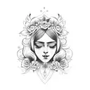 long vertical tattoo flash design of Saint Maria with flowers in her hair tattoo design idea