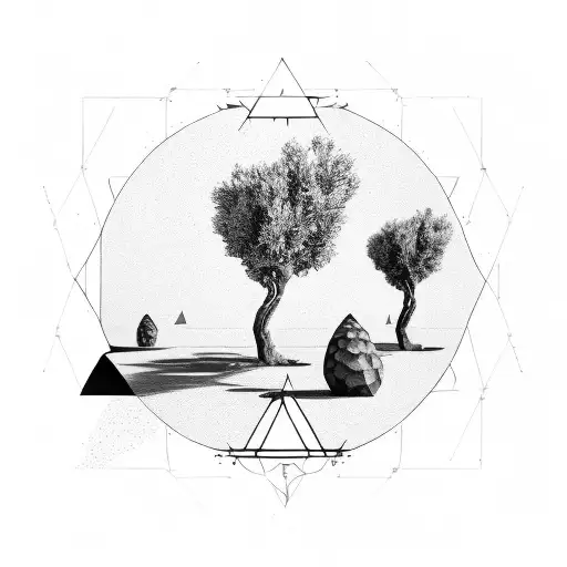 geometric ocean, olive trees, a Greek column, plate of lemons, falcons flying tattoo design idea