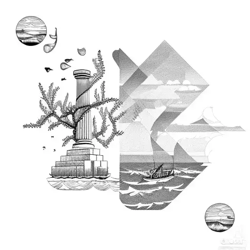 Ocean waves, greek column, olive trees, falcons, lemons tattoo design idea