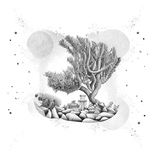 ocean Landscape featuring all of the followins: olive trees, big Greek column, lemons plate tattoo design idea