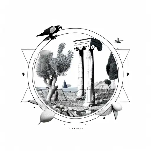 geometric sketch featuring a coastal scene with olive tree, greek column, falcons flying, lemons on the ground tattoo design idea