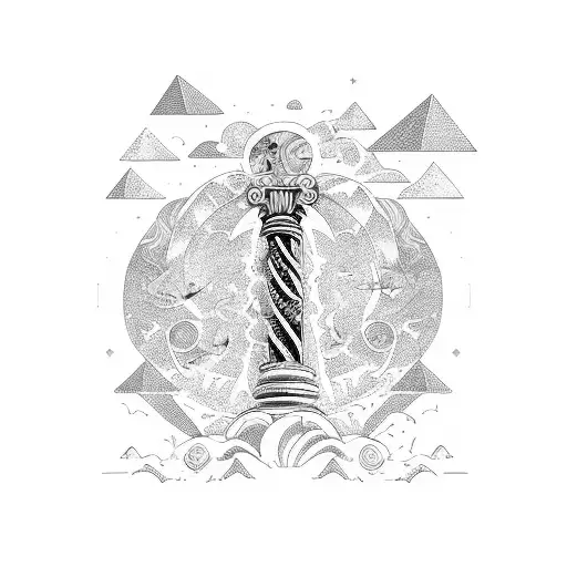 fantasy multidimensional ocean waves, greek column, olive tree, falcons flying, lemons on the ground tattoo design idea