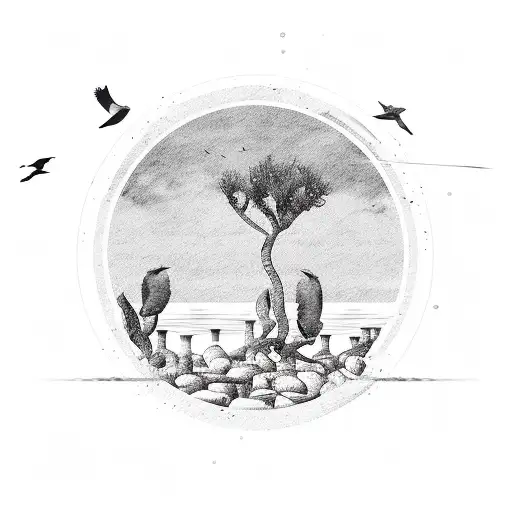 minimalistic sea environment with 1 greek column, 2 olive trees, falcons flying and a plate of lemons tattoo design idea