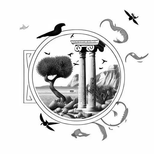 simple fine line ocean, olive tree, greek column, falcons flying, lemons on the ground and mountains in the background  tattoo design idea