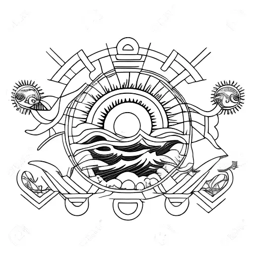 Sea landscape, with a big sun, some lemon trees, a greek column, falcons and lizards tattoo design idea