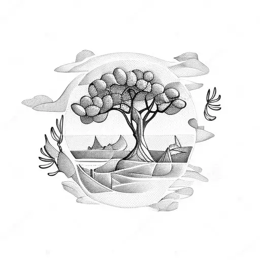 Sea Landscape with some olive trees, a Greek column and a few lemons  tattoo design idea