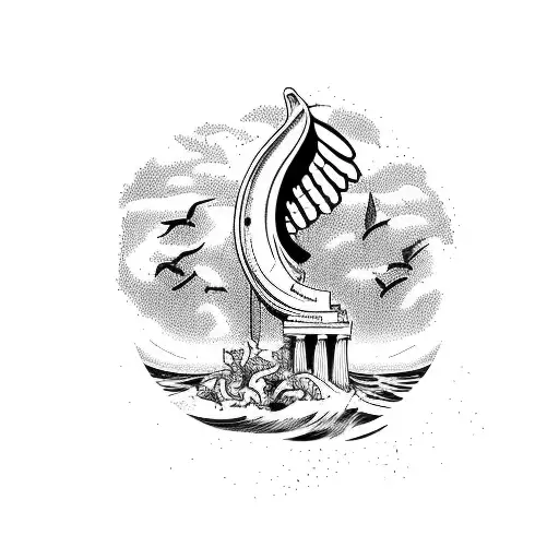 Ocean, Greek Column, olive trees, falcons flying, lemons  tattoo design idea