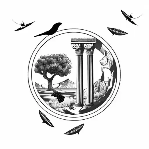 fine lines ocean with olive tree, greek column, falcons flying, lemons on the ground and mountains in the background  tattoo design idea