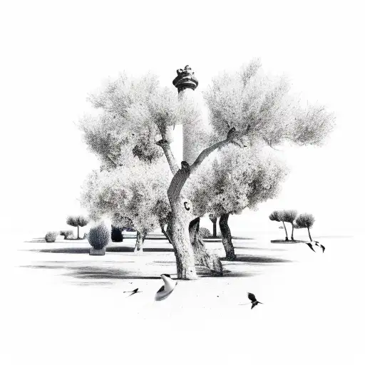 Sea, greek column, olive trees, falcons, lemons tattoo design idea