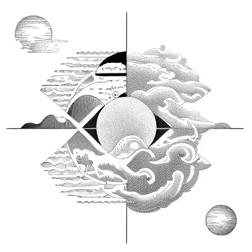 sun, ocean waves, greek column, olive trees, falcons flying, lemons tattoo design idea