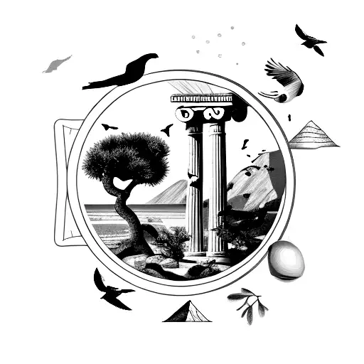 ocean with olive tree, greek column, falcons flying, lemons on the ground and mountains in the background  tattoo design idea