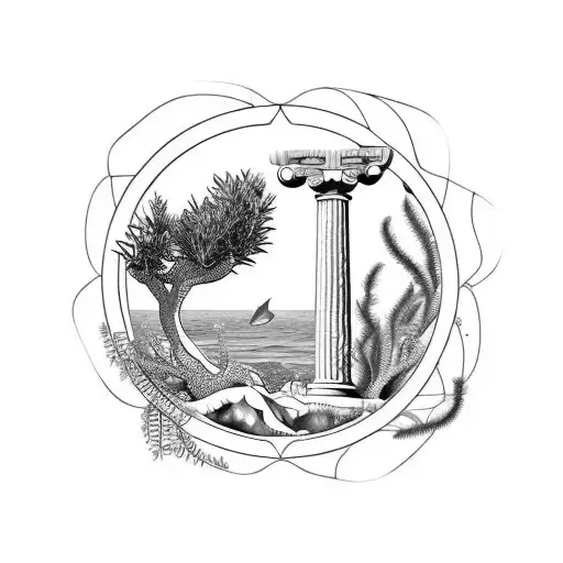 ocean, olive tree, greek column, falcons flying tattoo design idea