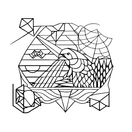 fantasy geometric ocean landscape with olive trees, greek column, falcons flying, lemons tattoo design idea