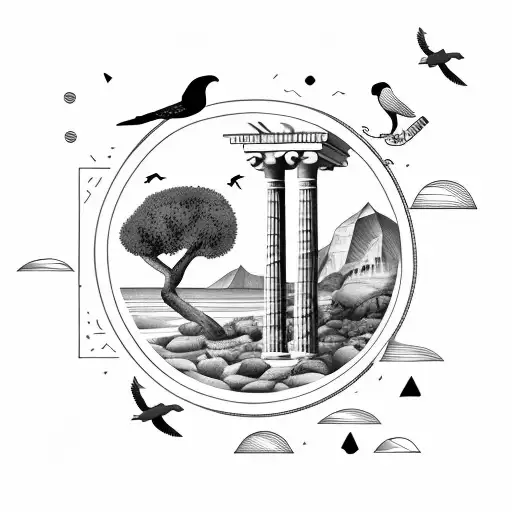 simple lines ocean with olive tree, greek column, falcons flying, lemons on the ground and mountains in the background  tattoo design idea
