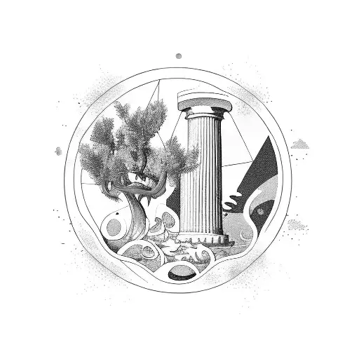 ocean waves, olive trees, greek column, falcons flying, lemons on the ground tattoo design idea
