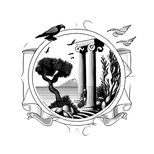 ocean with olive tree, greek column, falcons flying, lemons on the ground and mountains in the background  tattoo design idea