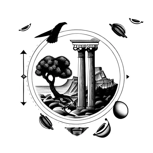 fine lines ocean with olive tree, greek column, falcons flying, lemons on the ground and mountains in the background  tattoo design idea