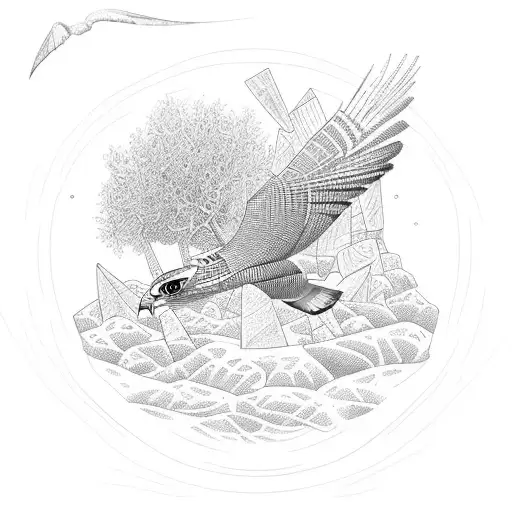 ocean, greek column, olive tree, falcons  tattoo design idea