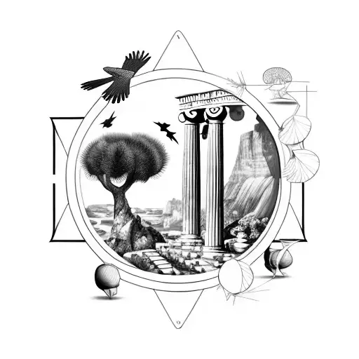 multishaped big Fantasy sea with olive tree, greek column, 3 falcons, small lemons and mountains in the background  tattoo design idea