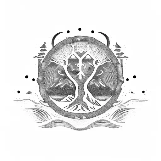 fantasy ocean waves, greek column, olive tree, falcons tattoo design idea