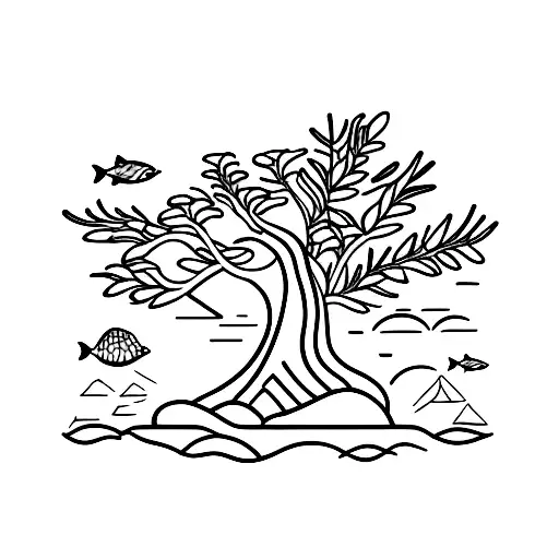 Sea Landscape with some olive trees, a Greek column and a few lemons  tattoo design idea