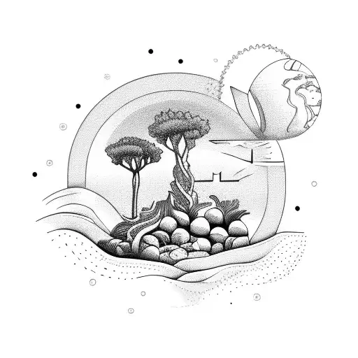 ocean Landscape with some olive trees, a Greek column and a few lemons  tattoo design idea