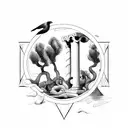 fantasy geometric ocean waves, olive tree, greek column, falcons flying, lemons on the ground tattoo design idea