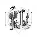 fantasy geometric ocean waves, olive tree, greek column, falcons flying, lemons on the ground tattoo design idea