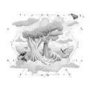 fantasy multidimensional ocean waves, greek column, olive tree, falcons flying, lemons on the ground tattoo design idea