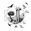 simple fine line ocean, olive tree, greek column, falcons flying, lemons on the ground and mountains in the background  tattoo design idea