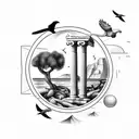 simple fine line ocean, olive tree, greek column, falcons flying, lemons on the ground and mountains in the background  tattoo design idea