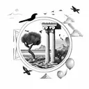 simple fine line ocean, olive tree, greek column, falcons flying, lemons on the ground and mountains in the background  tattoo design idea