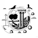 ocean with olive tree, greek column, falcons flying, lemons on the ground,mountains in the background  tattoo design idea